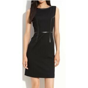 Trina Turk Black Pencil Stretch Sheath Dress Leather Trim Sleeveless Sz 2 preppy